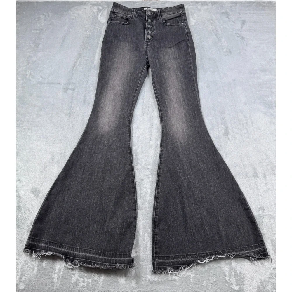 We The Free Jeans Women 27 Black Flare High Rise Button Fly Denim Boho Hippie - Picture 1 of 16